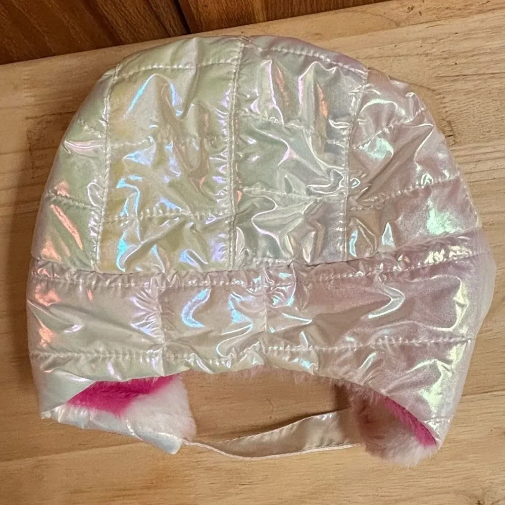 Juicy Couture Baby glam iridescent white plush cap hat head covering